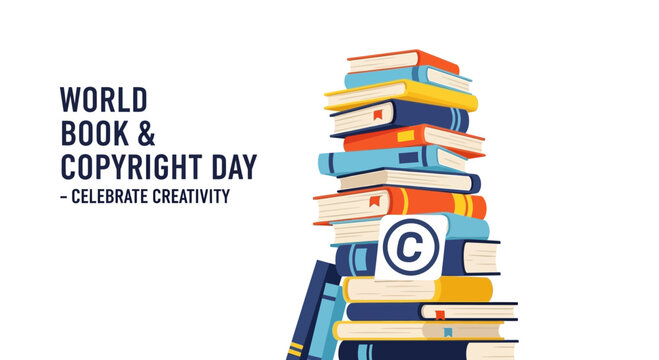 A conceptual illustration celebrating knowledge and intellectual property with a vibrant stack of books, symbolizing global literacy and creative expression