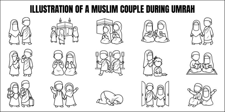 Faceless muslim couple umrah pilgrimage coloring page illustration