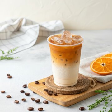 Refreshing Iced Coffee Beverage with Ice Cubes and Orange Slice on Light Background