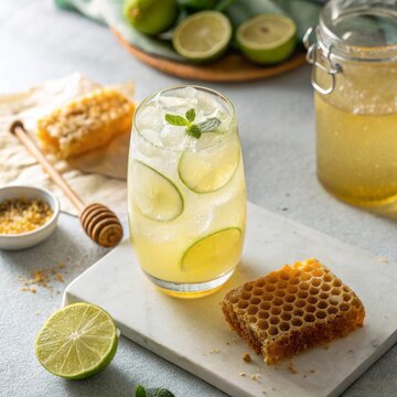 Fresh and Refreshing Lemonade with Honey, Lime, and Mint on Light Blue Table