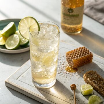 Refreshing Citrus Drink with Ice, Honeycomb, and Lime Slices on a Light Wooden Table