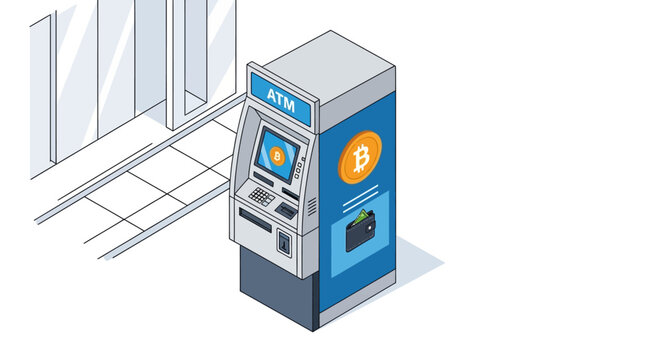 Isometric Bitcoin ATM Vector Illustration for Cryptocurrency Exchange, Digital Banking, and Blockchain Financial Services