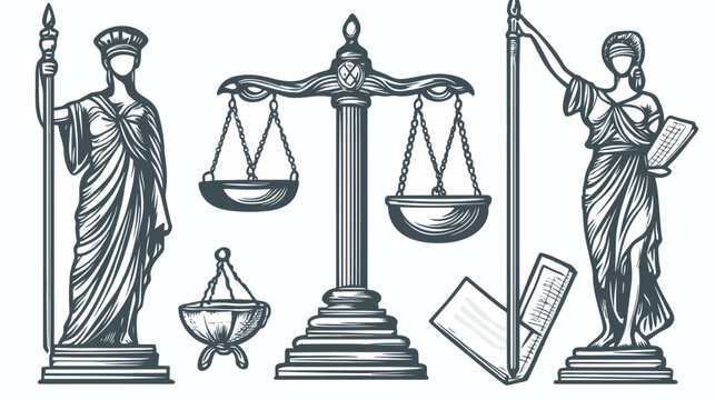 Line art illustration with various symbols of law, including statues and scales of justice