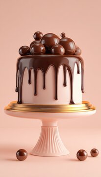 Vertical minimal handmade drip cake on pedestal with glossy chocolate flow and rounded topping spher