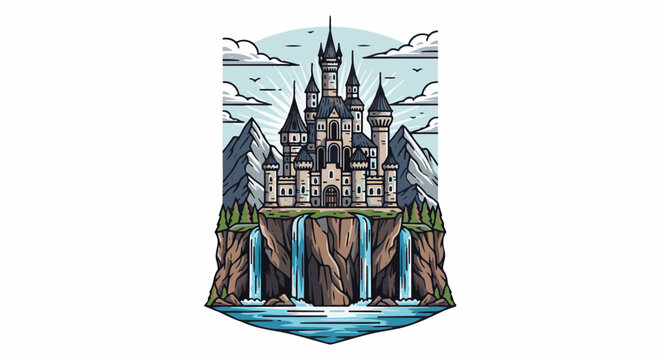 Majestic castle on cliff with waterfalls under a sky with clouds and sunrays