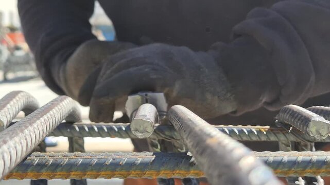 Front view close-up of a construction worker assembling steel reinforcement bars on a scaffolding.