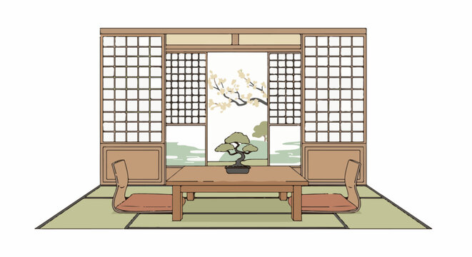 Japanese room with tatami, low table, chairs, bonsai, and open shoji screens