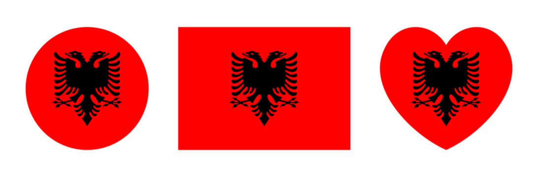 National flag of Albania. Albanian flag heart, circle, rectangle icon, badge, banner. Sticker, button flag of Albania rectangular, round, heart shaped. Flag with black double headed eagle on red field