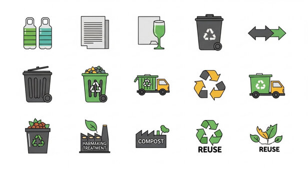 Recycling waste sorting vector icon set with garbage treatment symbols
