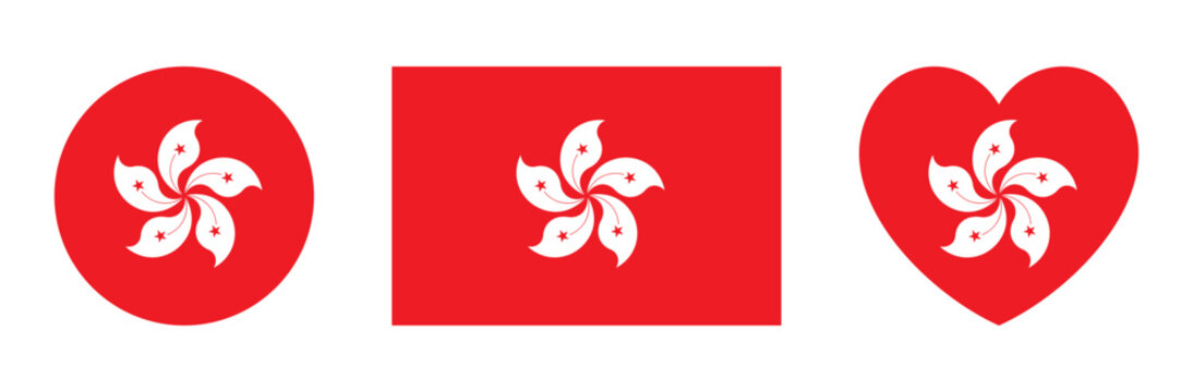 Hong Kong flag badge, button set. Regional Flag of Hong Kong icon, sticker in heart, rectangle, circle shape. Civil, state flag, ensign of Hong Kong. Orchid tree white flower on Chinese red field.