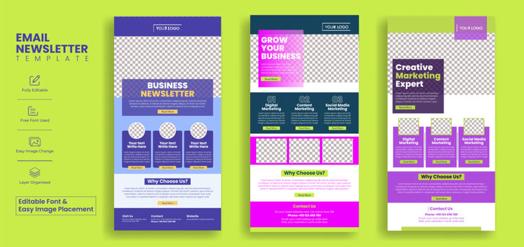 Modern corporate business email newsletter UI template set with modern web layout, digital marketing header design, newspaper design, professional branding interface for landing page template pack