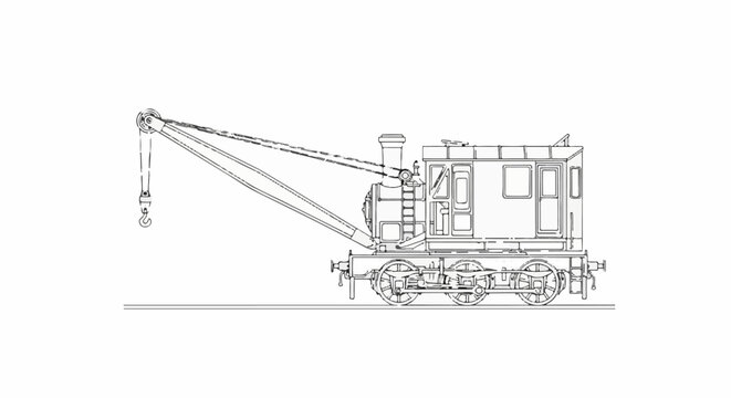 Detailed outline of a vintage steam crane locomotive with extended jib and hook