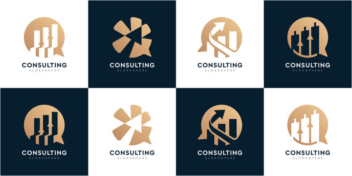 Gold Business Consulting Logo Icons Collections. Abstract Chat Bubble and Arrow Up Symbols. Financial Advisor and Business Growth Strategy Concept.