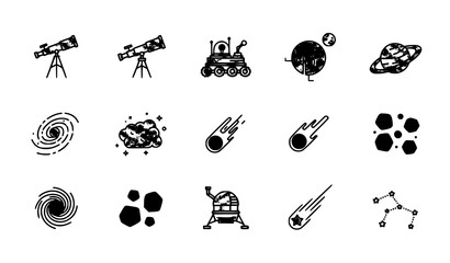 Modern Telescope and Space Exploration Icon Set with Galaxy Nebula Rover and Astronomy Elements Vector Collection © BijoyChandra