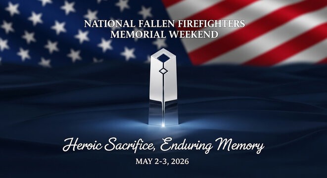 Presentation of the National Fallen Firefighters Memorial Weekend, with flag, memorial monument and blue background, representing remembrance and respect