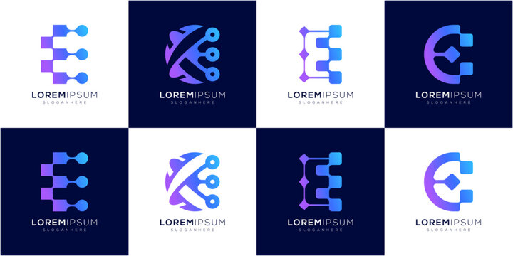 Futuristic Letter E Tech Logo Design Collections. Data Network and Software Development Concept. Geometric abstract vector icon symbol gradient