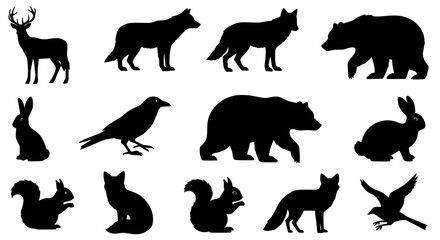 Obraz premium Black and white animal icons set featuring forest creatures