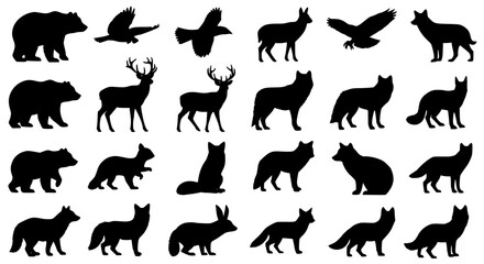 Obraz premium Black and white silhouette animals vector illustration set