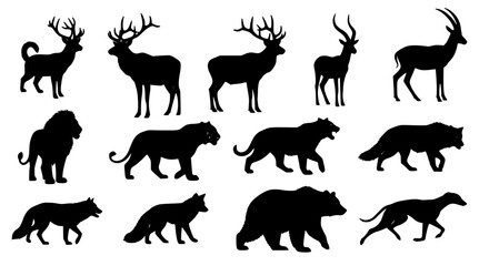 Naklejka premium Black and white silhouette animals vector illustration set