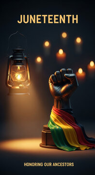 Image of Juneteenth celebration with lantern, raised fist, and Pan-African colors, representing freedom, heritage, and ancestral respect