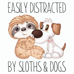 Fototapeta premium Cute Sloth and Dog Best Friends Front View Vector Illustration for POD Merch