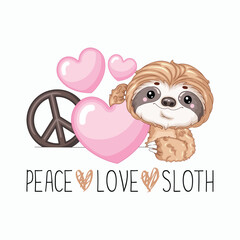 Fototapeta premium Peace Love Sloth Character Concept Front View Vector Illustration for POD Merch