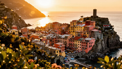 Fototapeta premium a coastal village with colorful buildings. The sunset casts a warm glow over the village, enhancing the scenery of the sea and hills.