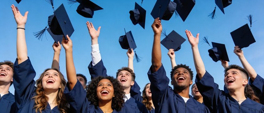Diverse group of happy graduates throwing caps in the air. University graduation ceremony celebration. Students in blue gowns and mortarboards against blue sky. Success and achievement concept