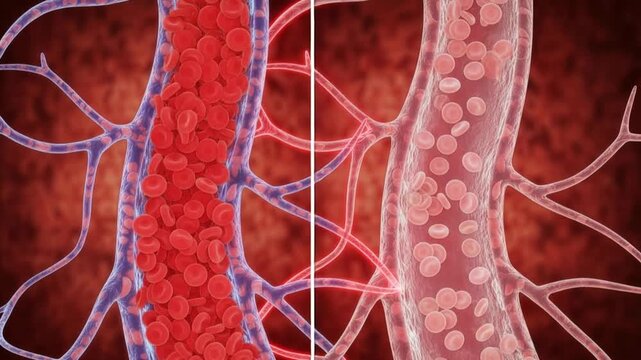 Blood vessel flow comparison showing healthy flow and reduced flow due to anemia in split screen animation