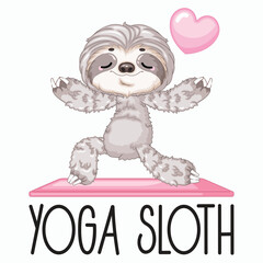 Fototapeta premium Cartoon Yoga Sloth on Mat Front View Vector Illustration for POD Merch