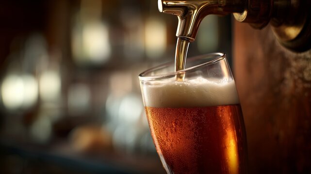 Close-up golden amber beer pouring smoothly from a traditional metal tap into a clear glass pint causing refreshing white foam to rise up inside the chilled drinking vessel