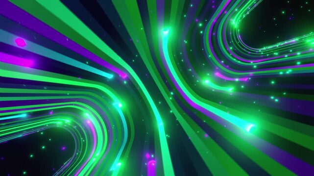 A captivating seamless 4k VJ loop featuring an infinite deformed torus with symmetrical neon lines in turquoise and lilac colors for VJ sets, high-tech club visuals,  electronic music festivals
