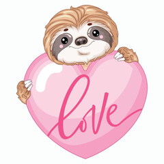 Fototapeta premium Cartoon Sloth Holding Heart Front View Vector Illustration for Valentine