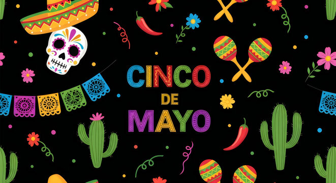 Vibrant cinco de mayo seamless pattern with traditional mexican elements