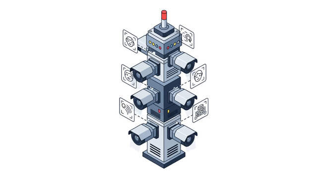Isometric AI Surveillance Tower with Multiple Security Cameras and Facial Recognition Technology for Smart City Monitoring and Digital Privacy Concepts