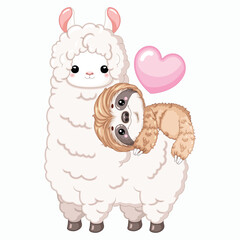 Fototapeta premium Cute Cartoon Llama and Sloth Hugging Front View Vector Illustration