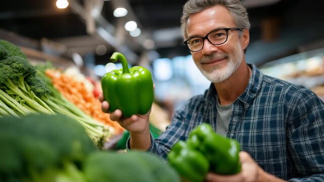 4Middle-aged man hand-selecting organic produce at zero-waste refill station, reusable containers and cloth bags, conscious consumerism and package-free shopping habits, ideal for s
