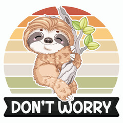 Fototapeta premium Retro Sloth Don't Worry Slogan Front View Vector Illustration