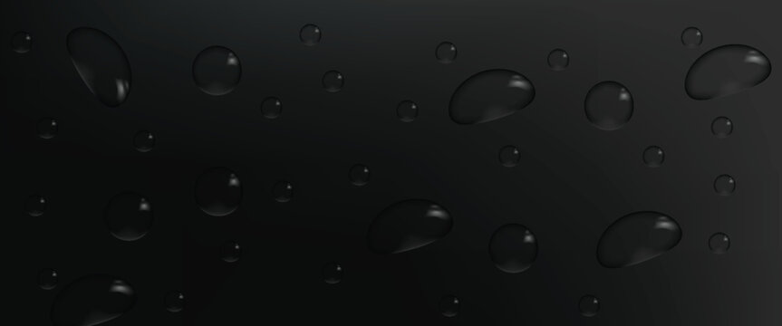 Condensation water drops on black glass background. Rain droplets with light reflection on dark window surface, abstract wet texture, scattered pure aqua blobs pattern Realistic 3d vector illustration