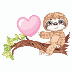 Fototapeta premium Cute Sloth on Branch with Heart Front View Vector Illustration