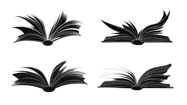 Four stylized illustrations of open books with pages spreading, in shades of black and white