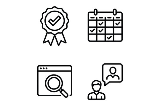 Project management and quality certification linear icon set for workflow tracking and search with certification, calendar