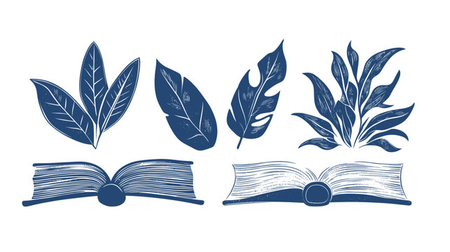 Stylized indigo illustrations featuring open books and botanical elements, creating a natural and literary theme