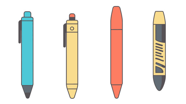 A collection of four different writing implements with various shapes and colors on a white background