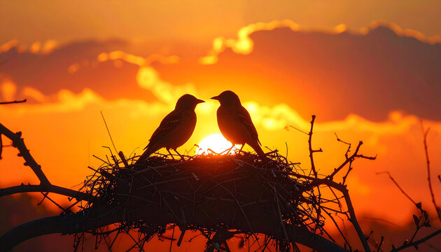 Birds Nest Sunset Silhouette