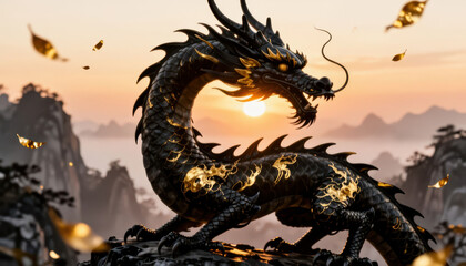 Fototapeta premium A majestic dragon stands on a rocky outcrop, silhouetted against the sunset. The dragon's scales glisten as the sun sets behind distant mountains.