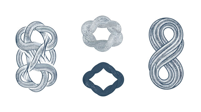 Four stylized abstract knots or interlocking shapes. Gray-blue hues with a textured, hand-drawn effect