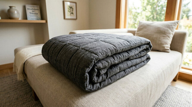 Grey weighted blanket folded on modern living room daybed