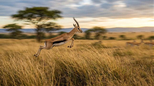 Thomson's gazelle leaping over golden dry grass in African savanna