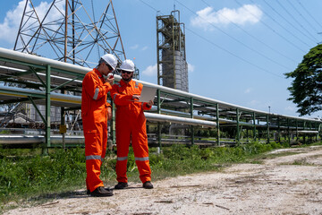 Fototapeta premium Workers check equipment near pipelines at an industrial site on a sunny day with power lines in the background